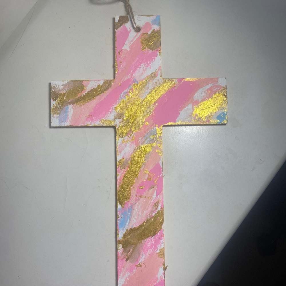 Preppy painted cross with pink gold blue paint for wall decor Christian decor